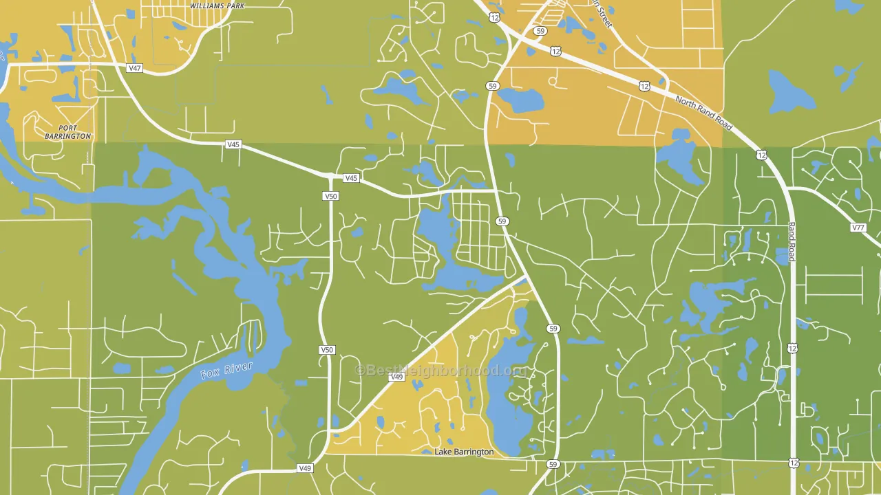 Map of the best neighborhoods in the Tower Lakes area, with better matches in green and worse matches in red