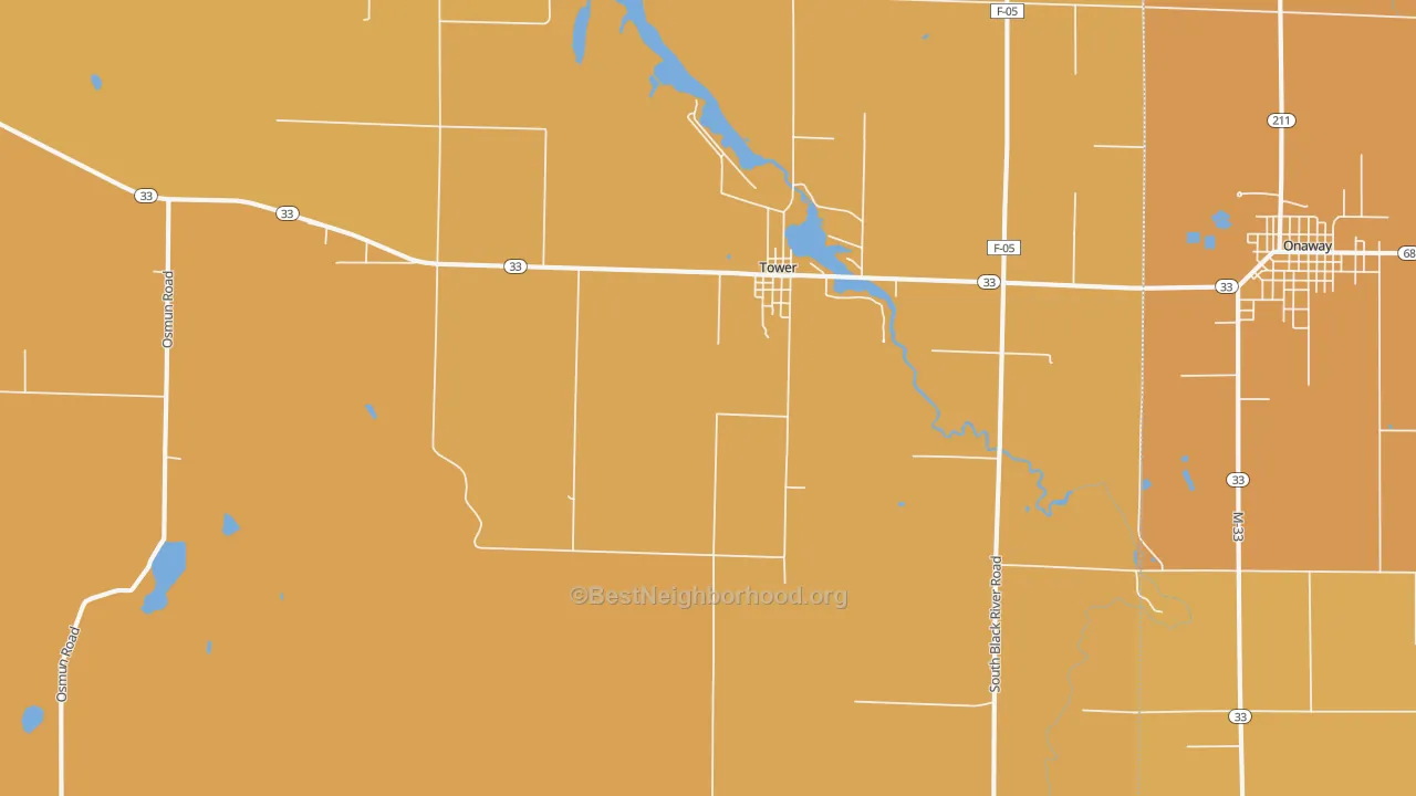 Map of the best neighborhoods in the Tower area, with better matches in green and worse matches in red