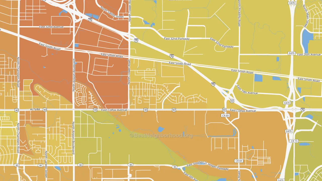 Map of the best neighborhoods in the Tower Triangle, Aurora area, with better matches in green and worse matches in red