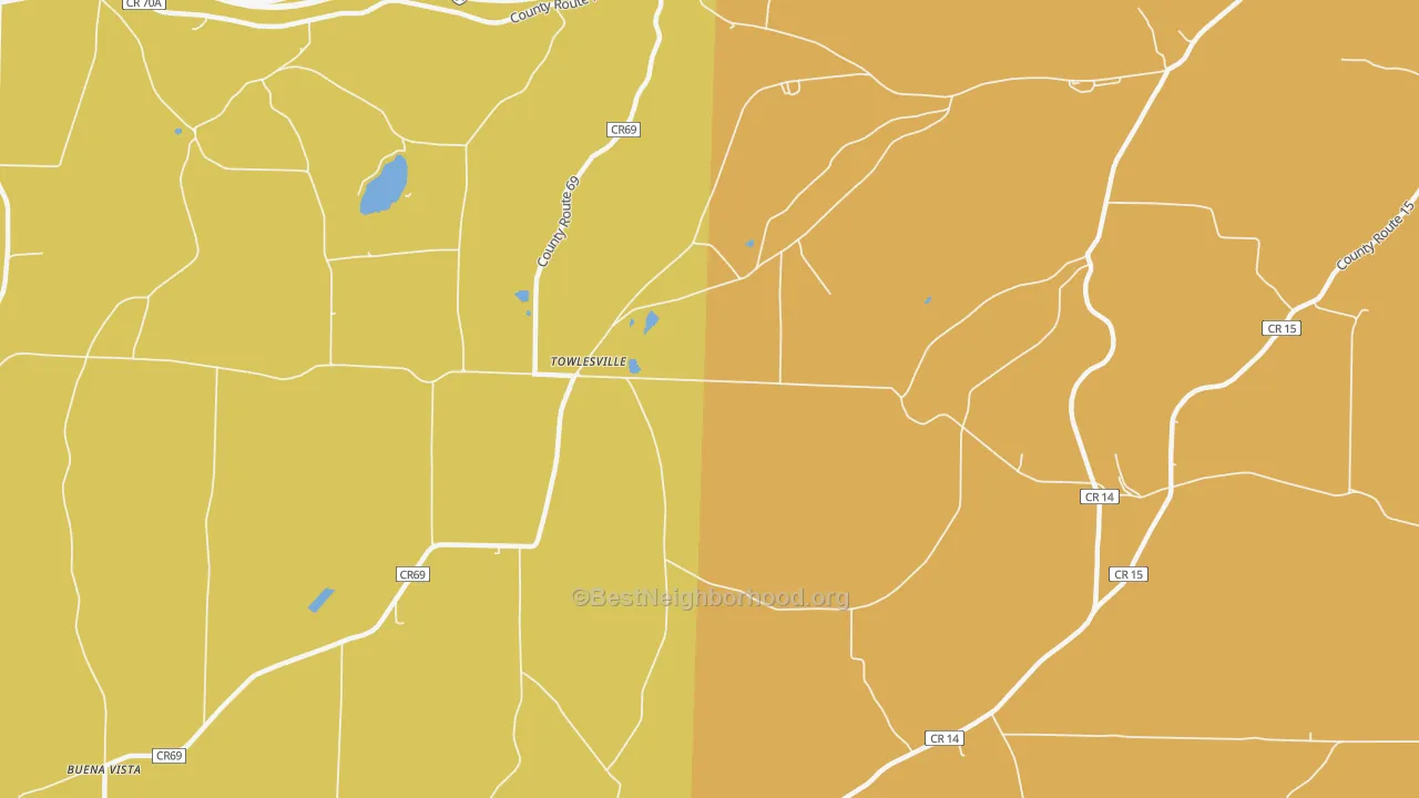 Map of the best neighborhoods in the Towlesville area, with better matches in green and worse matches in red