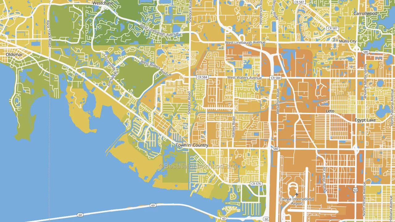 Map of the best neighborhoods in the Town 'n' Country area, with better matches in green and worse matches in red