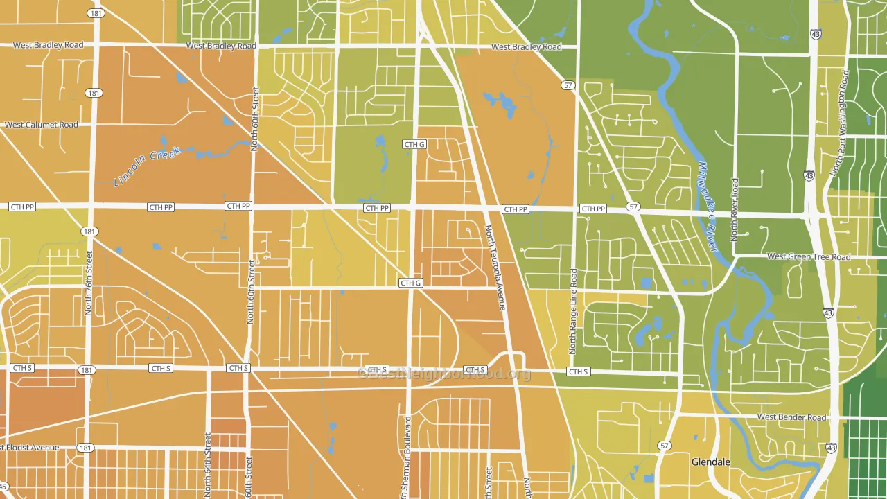 Map of the best neighborhoods in the Town and Country Manor, Milwaukee area, with better matches in green and worse matches in red