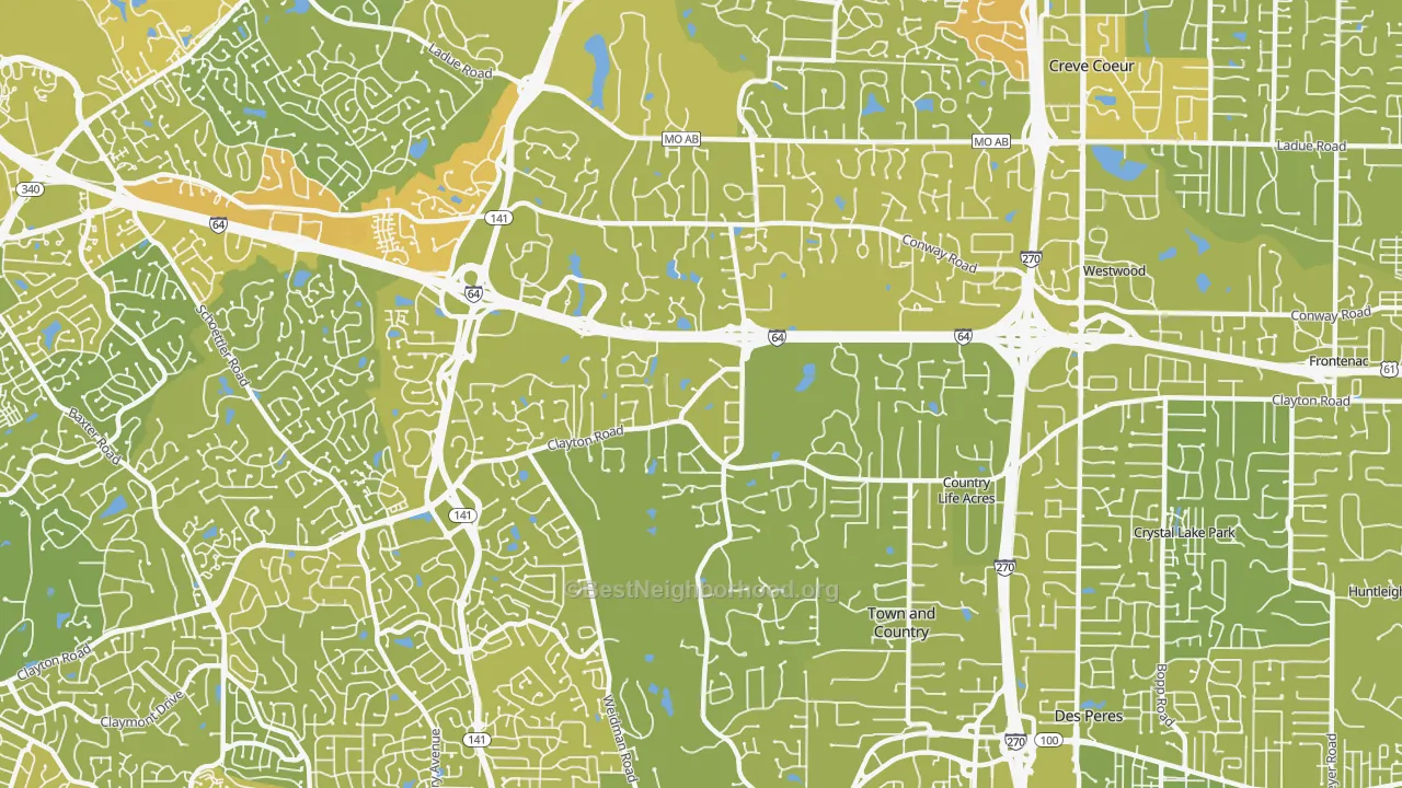Map of the best neighborhoods in the Town and Country area, with better matches in green and worse matches in red