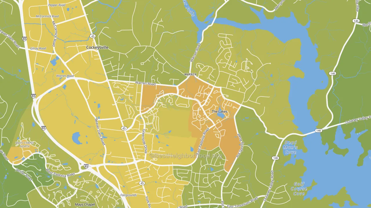 Map of the best neighborhoods in the Town and Country North, Cockeysville area, with better matches in green and worse matches in red