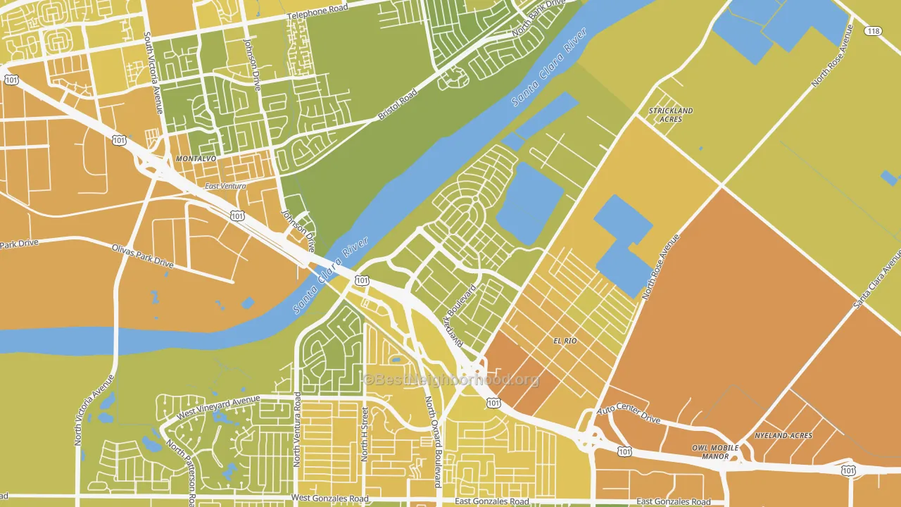 Map of the best neighborhoods in the Town Center, Oxnard area, with better matches in green and worse matches in red