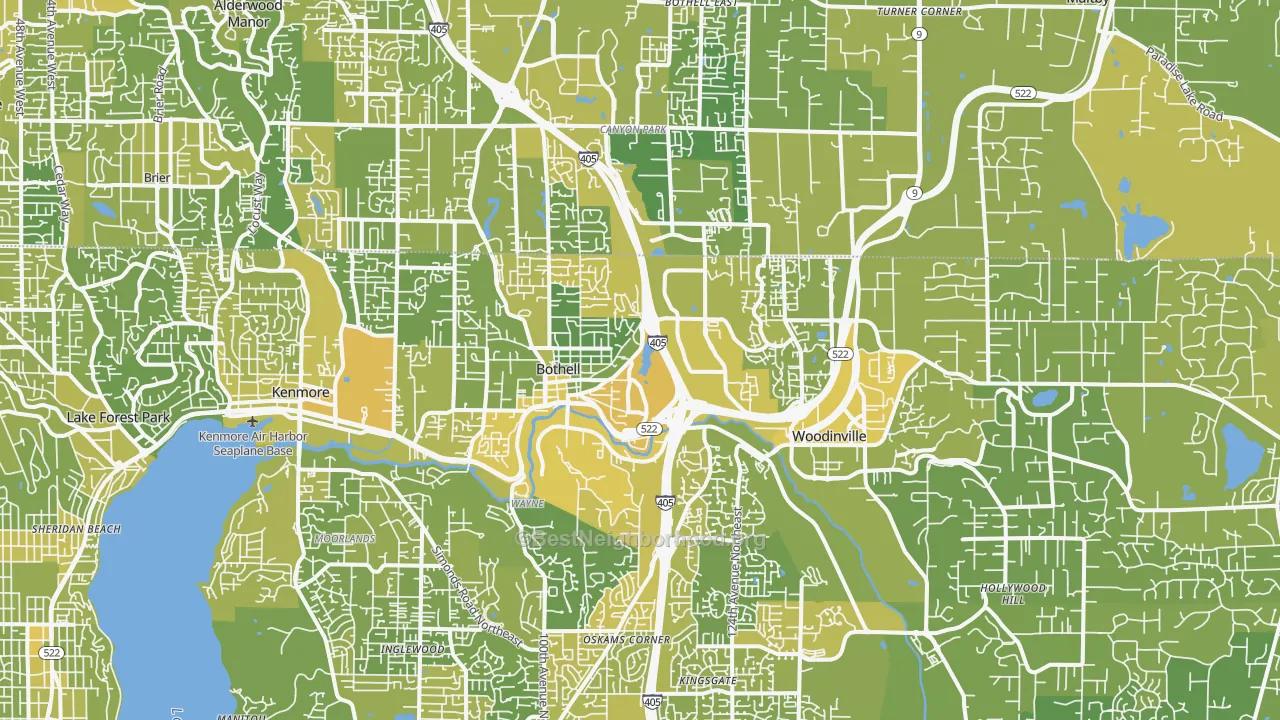 Map of the best neighborhoods in the Town Center, Woodinville area, with better matches in green and worse matches in red