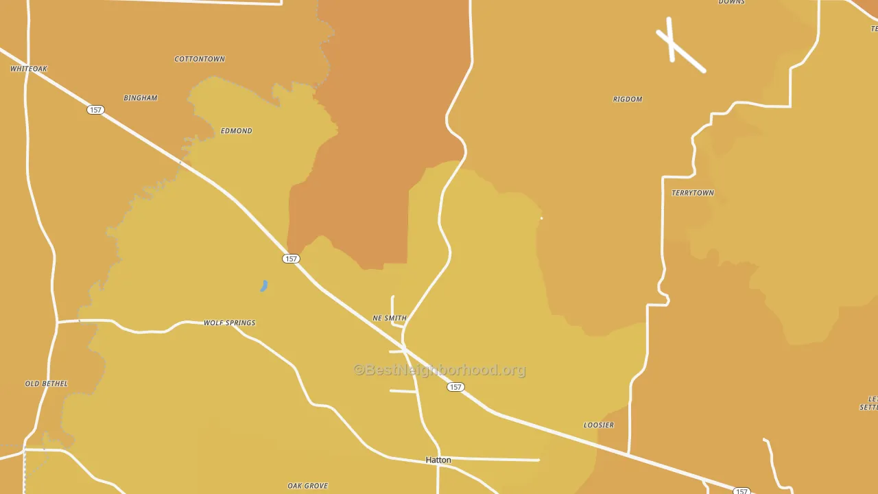 Map of the best neighborhoods in the Town Creek area, with better matches in green and worse matches in red