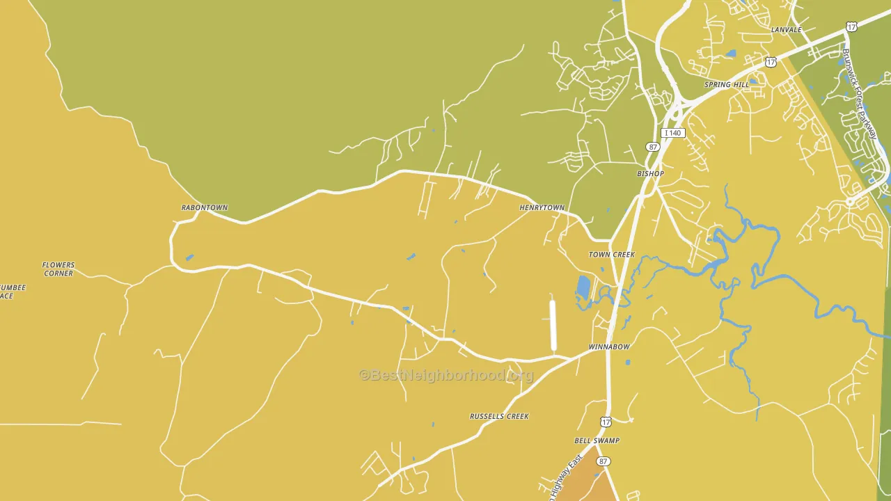 Map of the best neighborhoods in the Town Creek area, with better matches in green and worse matches in red