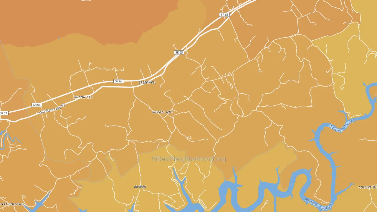 Map of the best neighborhoods in the Town Creek area, with better matches in green and worse matches in red