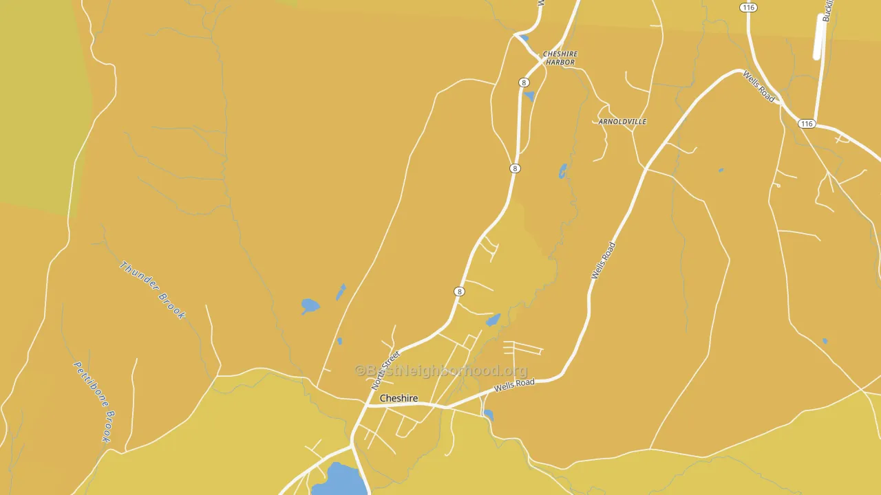 Map of the best neighborhoods in the Town Crest Village area, with better matches in green and worse matches in red