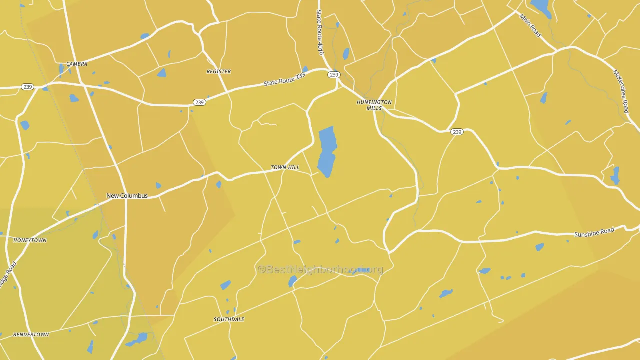 Map of the best neighborhoods in the Town Hill area, with better matches in green and worse matches in red