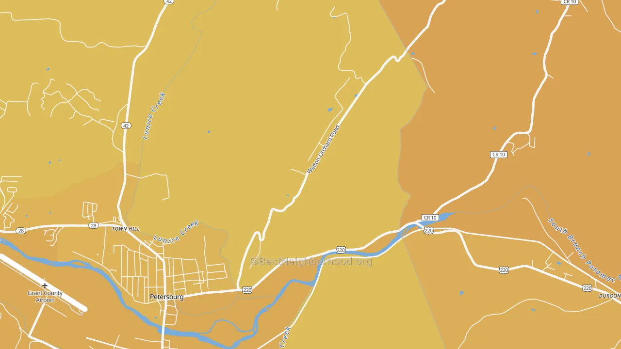 Map of the best neighborhoods in the Town Hill area, with better matches in green and worse matches in red