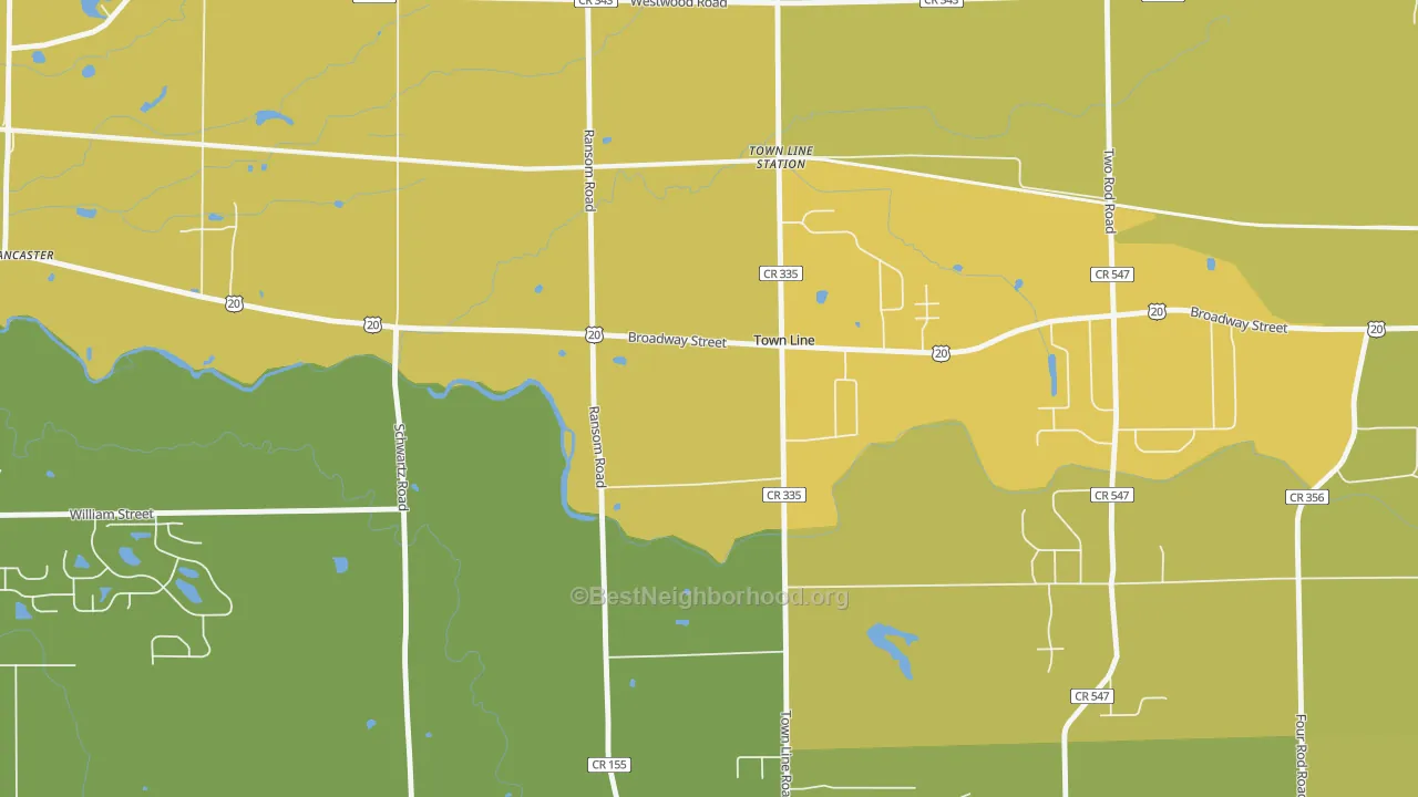 Map of the best neighborhoods in the Town Line area, with better matches in green and worse matches in red