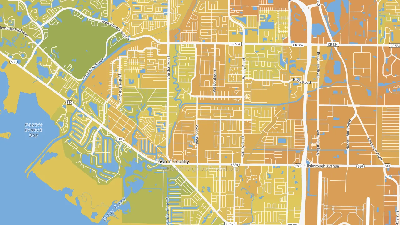 Map of the best neighborhoods in the Town 'N Country Park, Town 'n' Country area, with better matches in green and worse matches in red