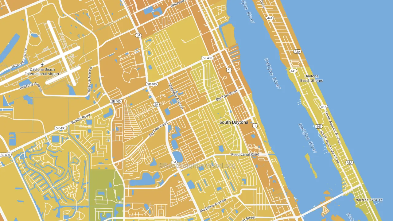 Map of the best neighborhoods in the Town of Blake, South Daytona area, with better matches in green and worse matches in red