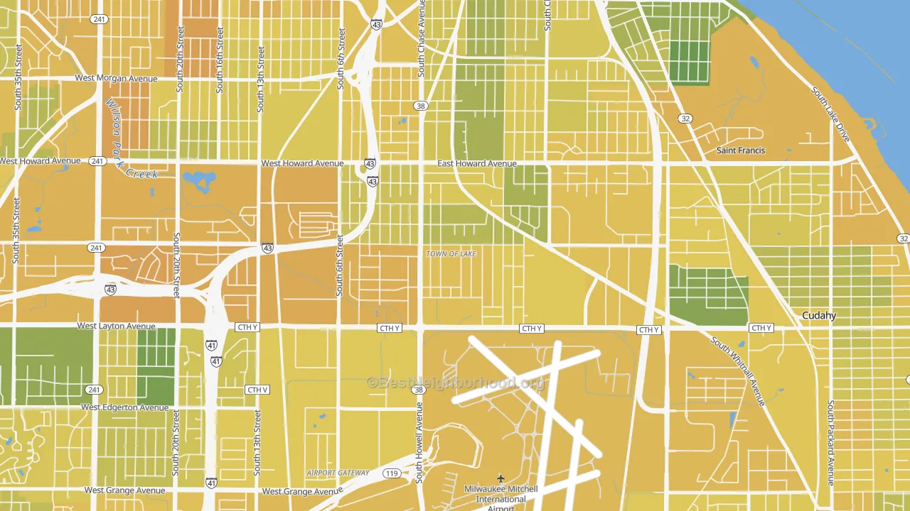Map of the best neighborhoods in the Town of Lake, Milwaukee area, with better matches in green and worse matches in red