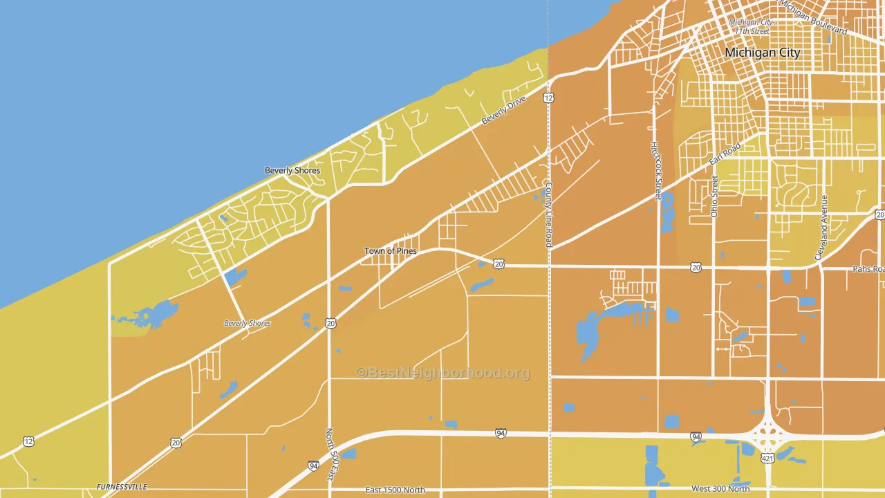 Map of the best neighborhoods in the Town of Pines area, with better matches in green and worse matches in red