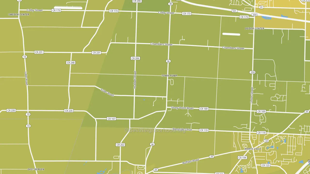 Map of the best neighborhoods in the Town Pump area, with better matches in green and worse matches in red