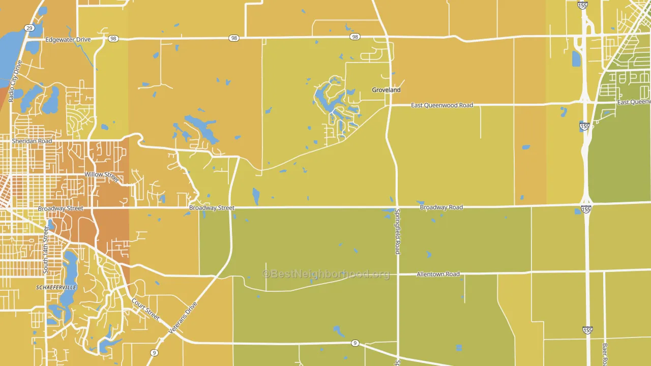 Map of the best neighborhoods in the Towne Oaks area, with better matches in green and worse matches in red