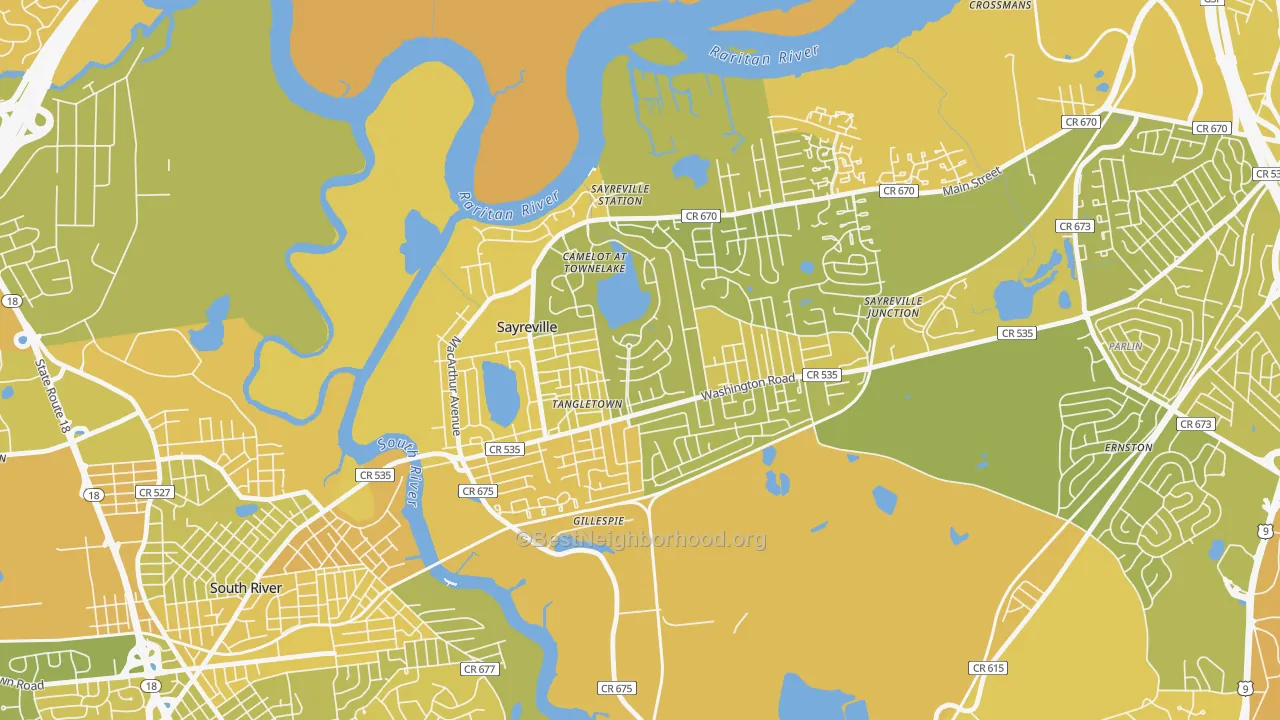 Map of the best neighborhoods in the Townelake, Sayreville area, with better matches in green and worse matches in red
