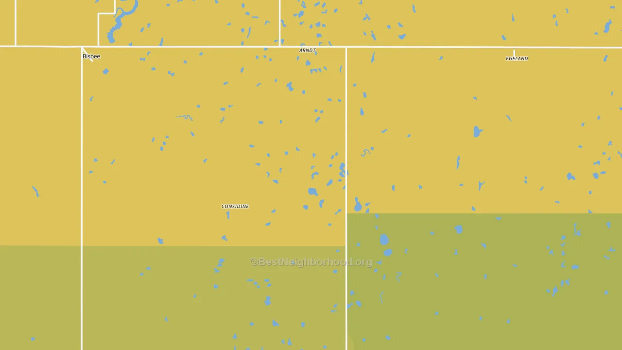 Map of the best neighborhoods in the Towner County area, with better matches in green and worse matches in red