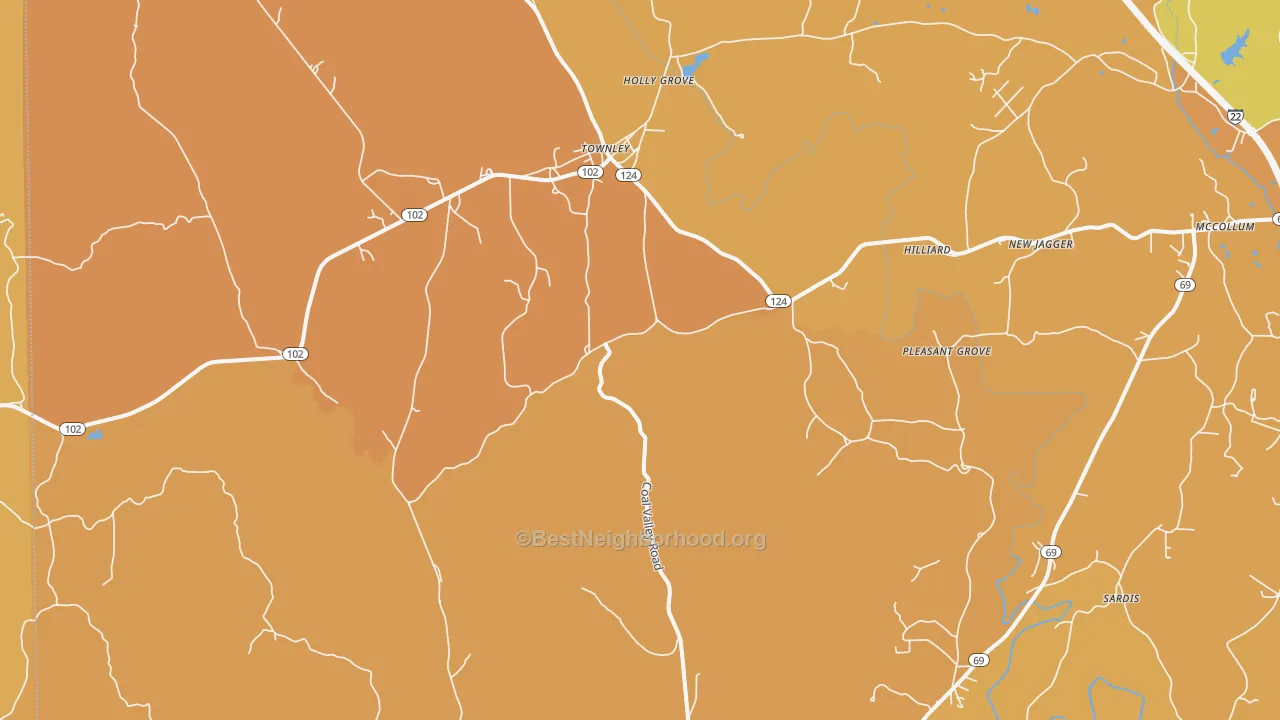 Map of the best neighborhoods in the Townley area, with better matches in green and worse matches in red