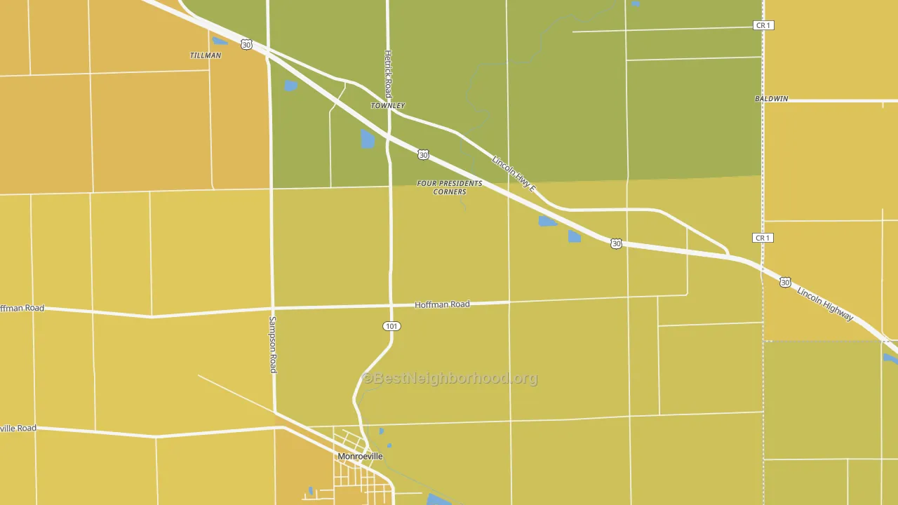 Map of the best neighborhoods in the Townley area, with better matches in green and worse matches in red