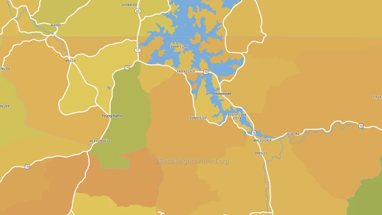 Map of the best neighborhoods in the Towns County area, with better matches in green and worse matches in red