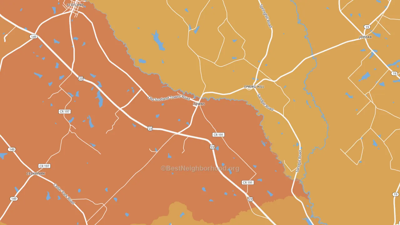 Map of the best neighborhoods in the Towns area, with better matches in green and worse matches in red