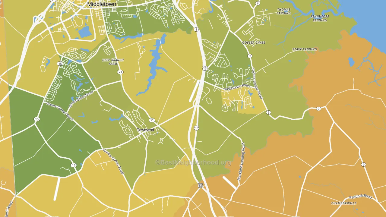 Map of the best neighborhoods in the Townsend area, with better matches in green and worse matches in red