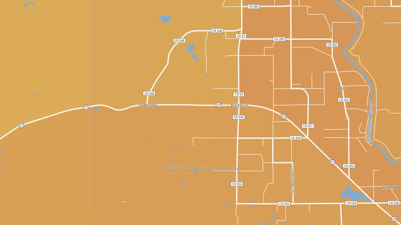 Map of the best neighborhoods in the Townsend area, with better matches in green and worse matches in red