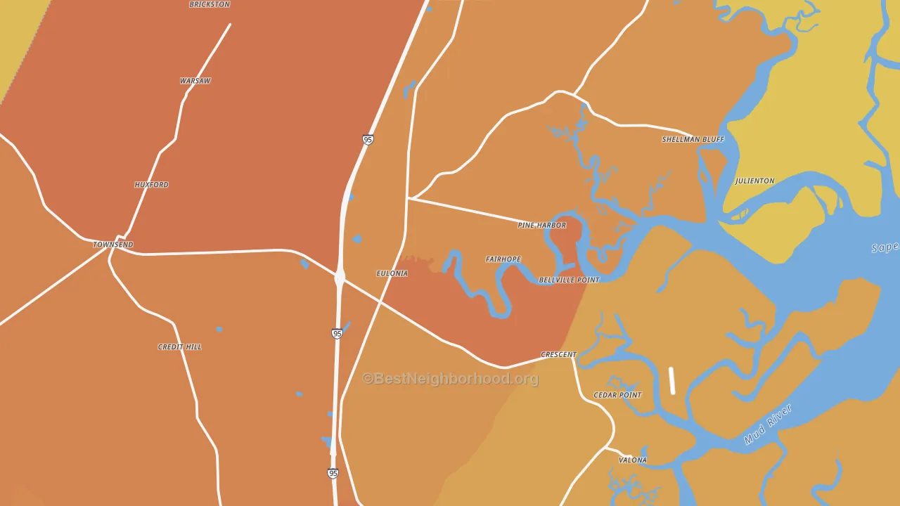 Map of the best neighborhoods in the Townsend area, with better matches in green and worse matches in red