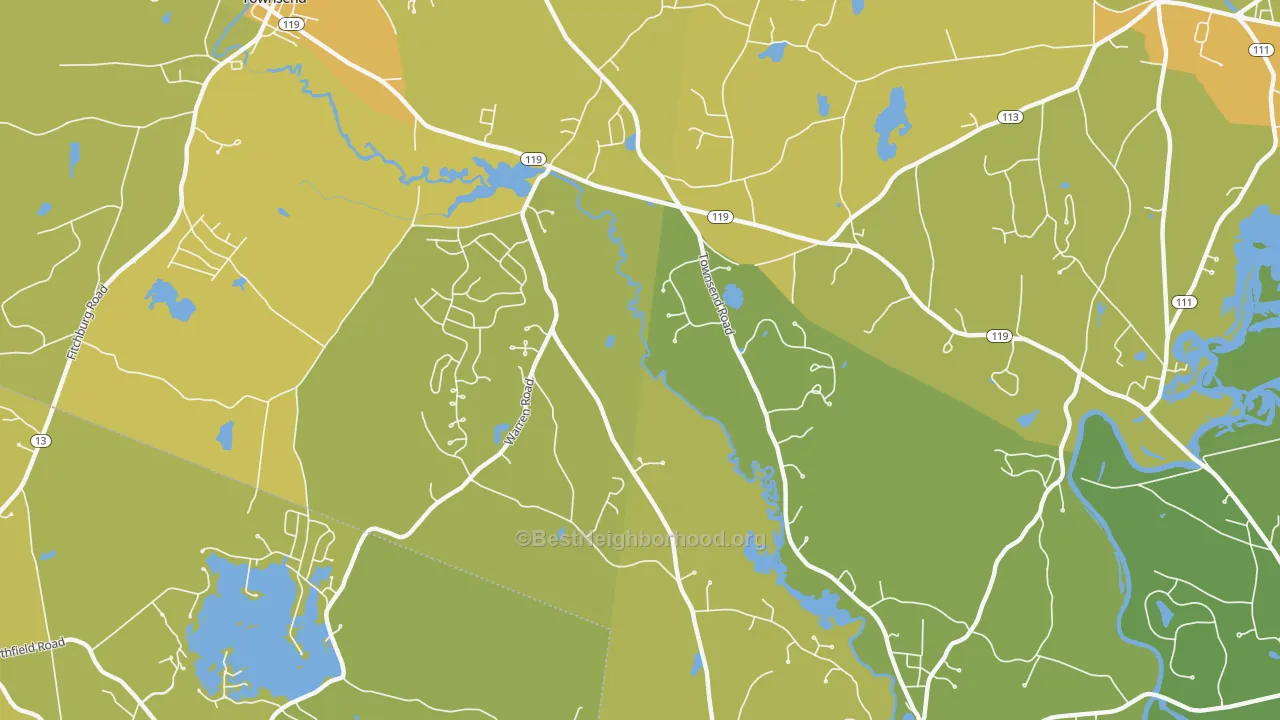 Map of the best neighborhoods in the Townsend Harbor area, with better matches in green and worse matches in red