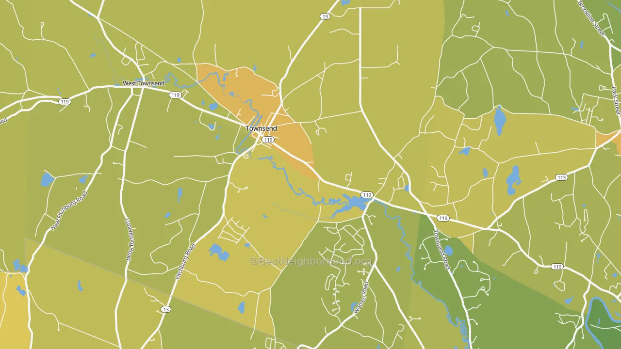 Map of the best neighborhoods in the Townsend area, with better matches in green and worse matches in red