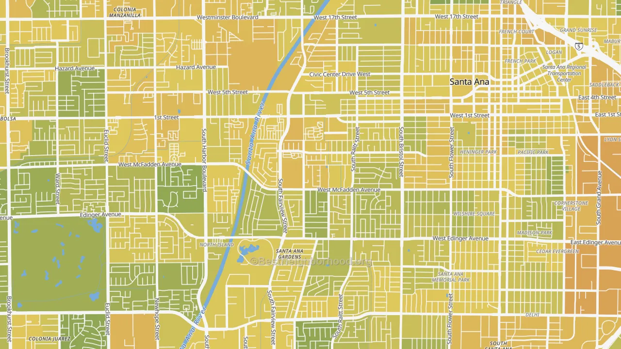 Map of the best neighborhoods in the Townsend-Raitt, Santa Ana area, with better matches in green and worse matches in red