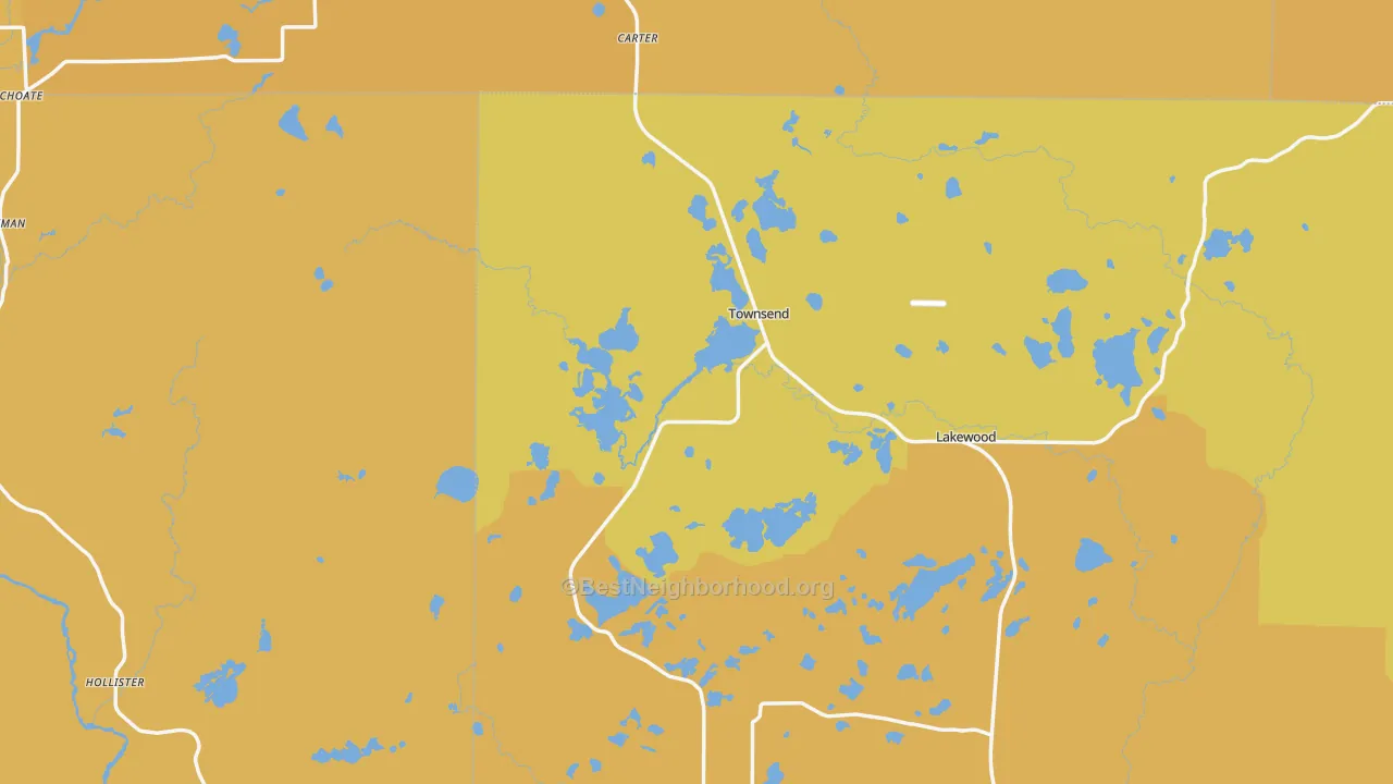 Map of the best neighborhoods in the Townsend area, with better matches in green and worse matches in red