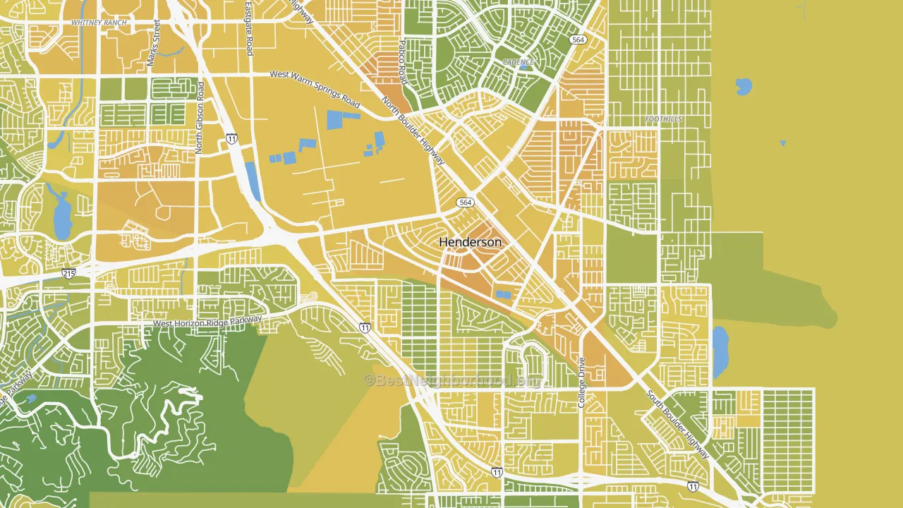 Map of the best neighborhoods in the Townsite, Henderson area, with better matches in green and worse matches in red