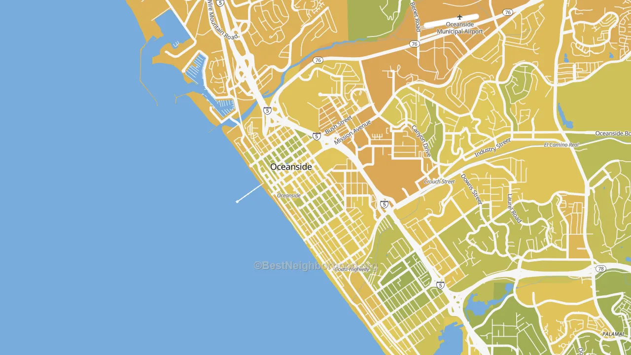 Map of the best neighborhoods in the Townsite, Oceanside area, with better matches in green and worse matches in red