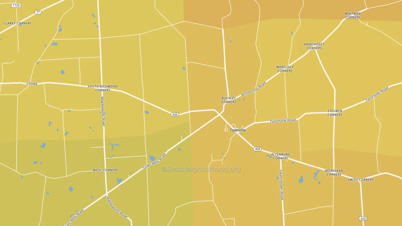 Map of the best neighborhoods in the Townville area, with better matches in green and worse matches in red