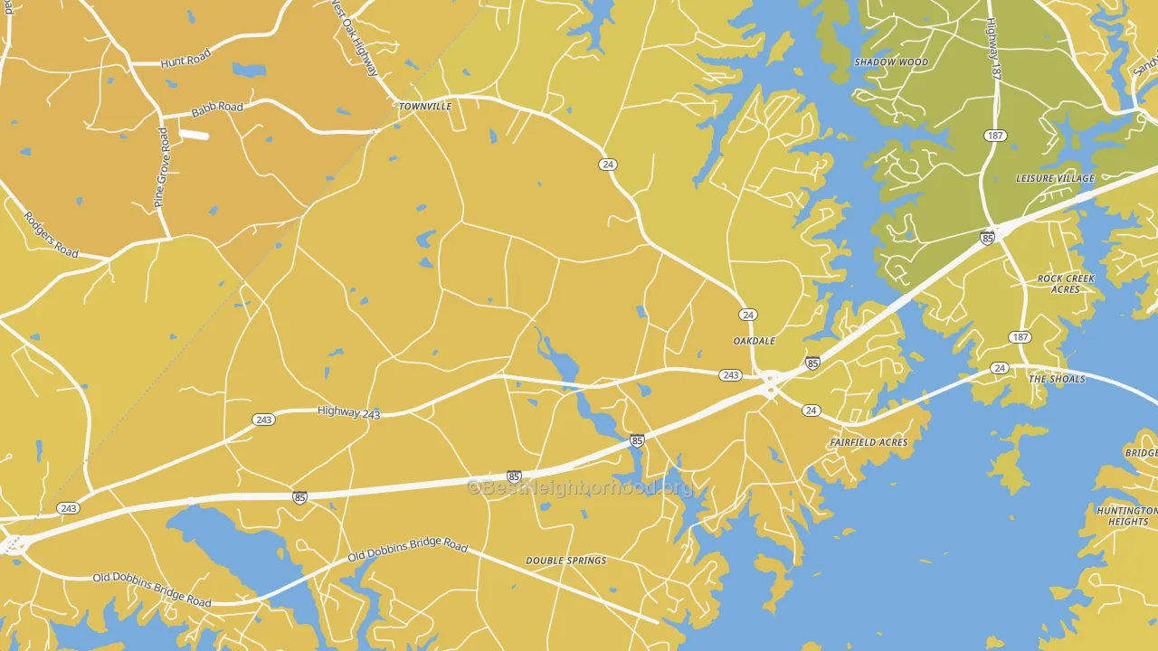 Map of the best neighborhoods in the Townville area, with better matches in green and worse matches in red
