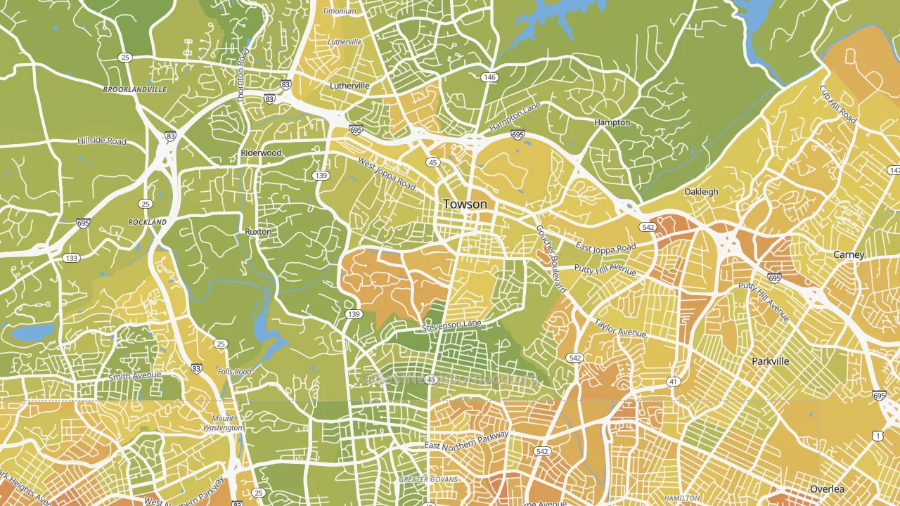 Map of the best neighborhoods in the Towson area, with better matches in green and worse matches in red