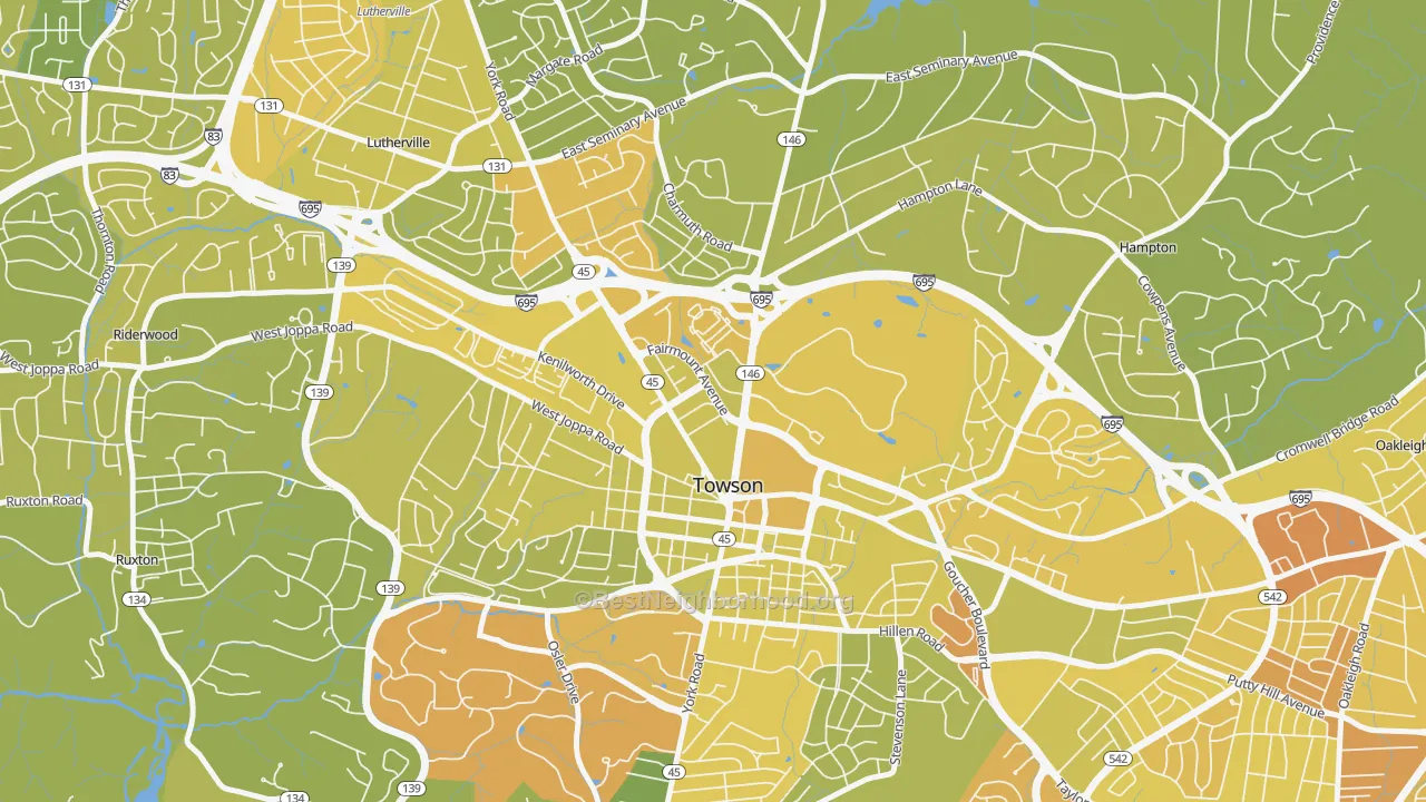 Map of the best neighborhoods in the Towson Park, Towson area, with better matches in green and worse matches in red