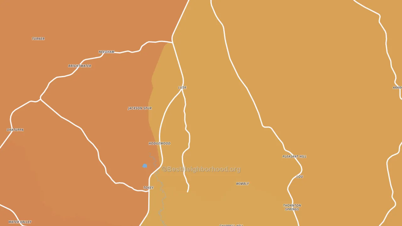 Map of the best neighborhoods in the Toxey area, with better matches in green and worse matches in red