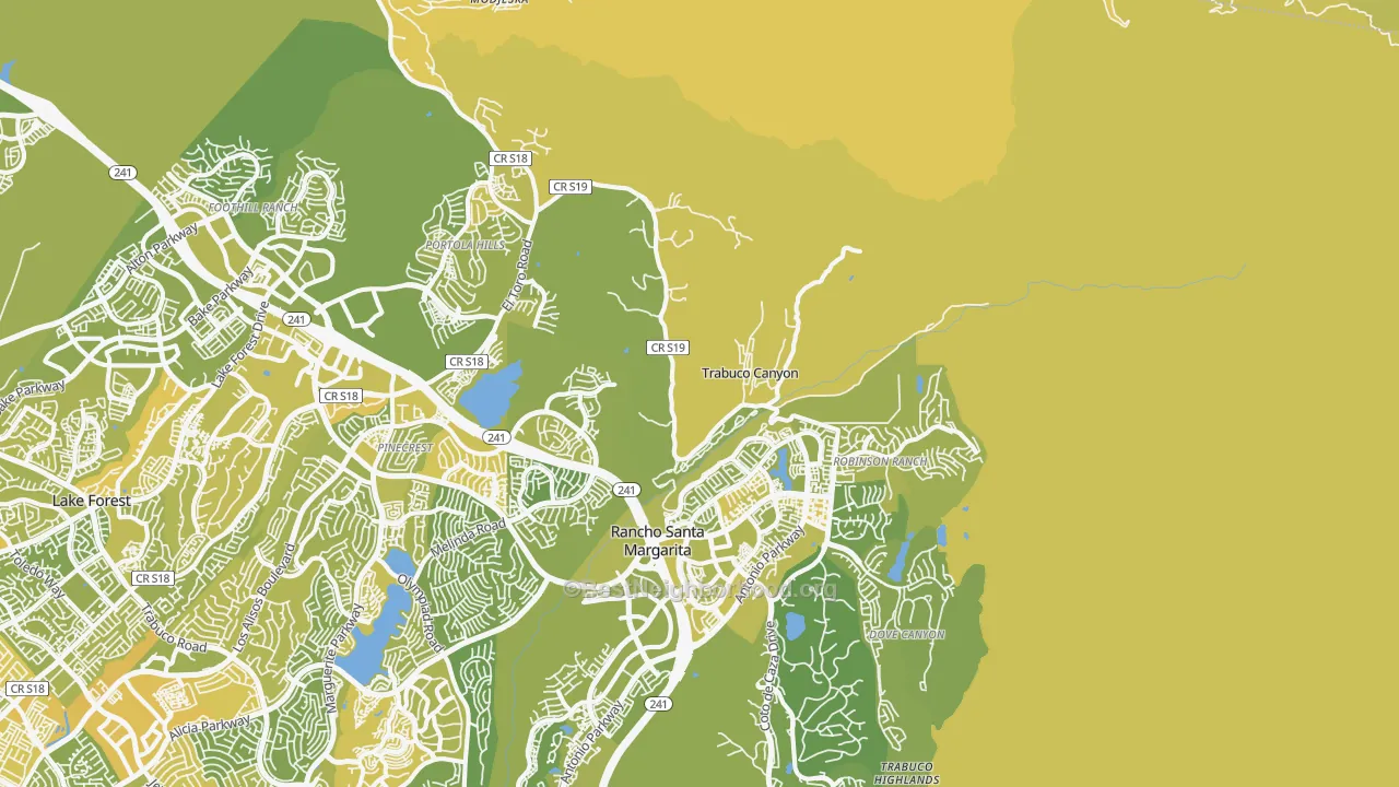 Map of the best neighborhoods in the Trabuco Canyon area, with better matches in green and worse matches in red