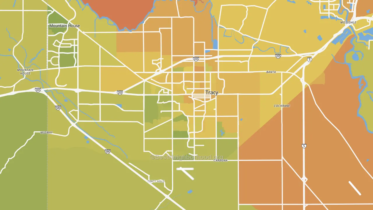 Map of the best neighborhoods in the Tracy area, with better matches in green and worse matches in red