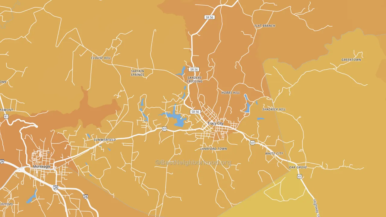 Map of the best neighborhoods in the Tracy City area, with better matches in green and worse matches in red