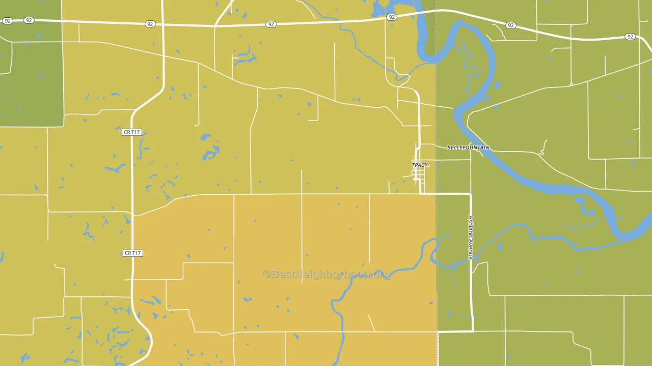 Map of the best neighborhoods in the Tracy area, with better matches in green and worse matches in red