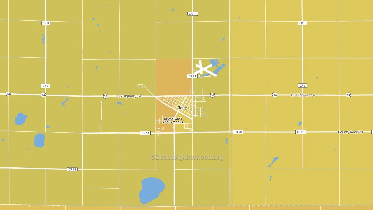 Map of the best neighborhoods in the Tracy area, with better matches in green and worse matches in red