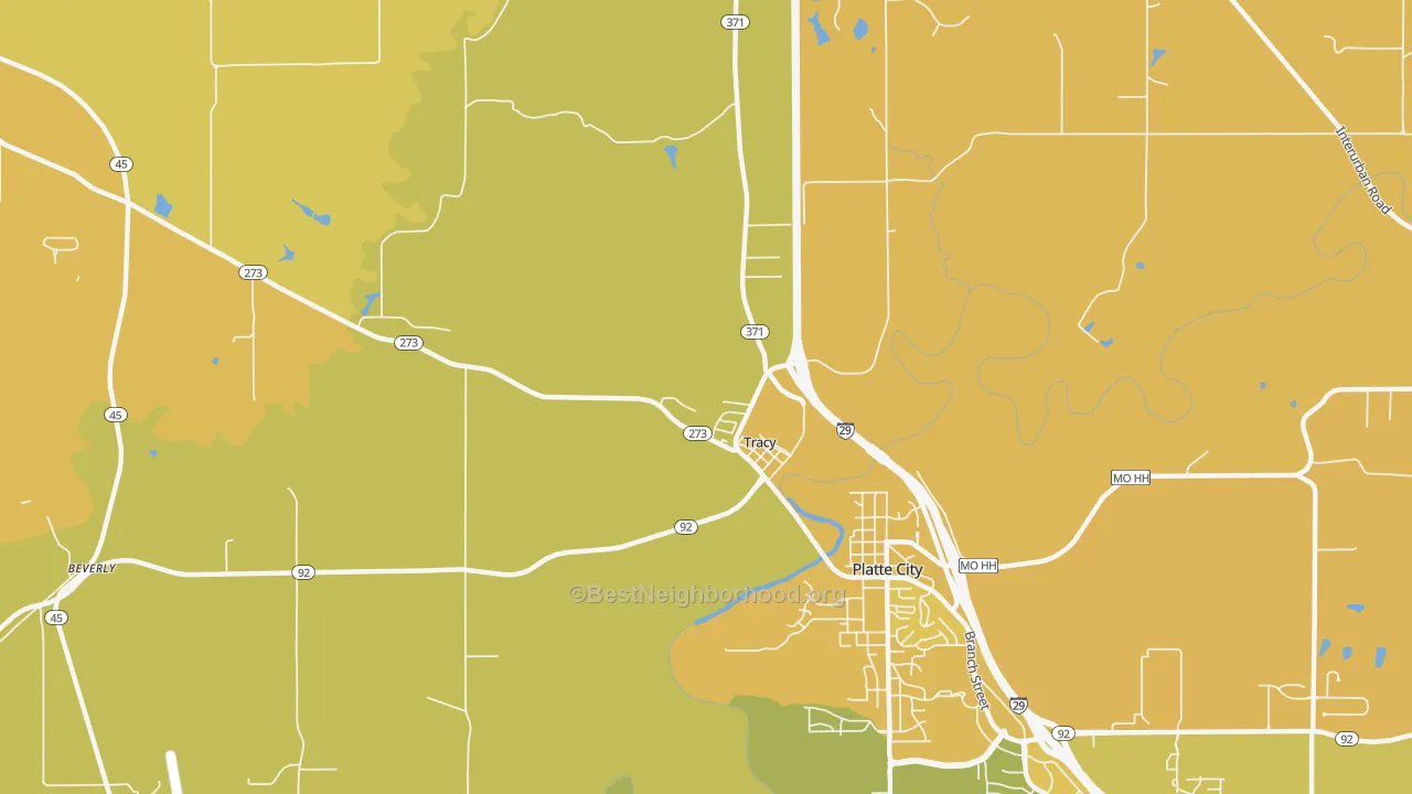 Map of the best neighborhoods in the Tracy area, with better matches in green and worse matches in red