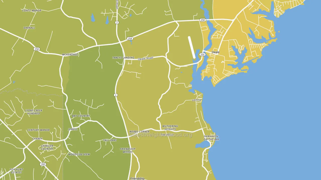 Map of the best neighborhoods in the Tracys Landing area, with better matches in green and worse matches in red